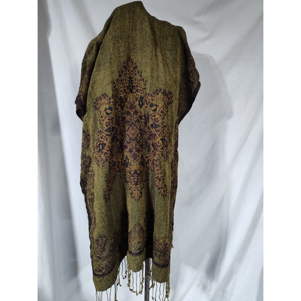 Head wrap scarf green brown gold Pashmina silk blend wrap cover tassels FLAWS